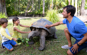 Visitors with Igloo the Aldabra Tortoise.